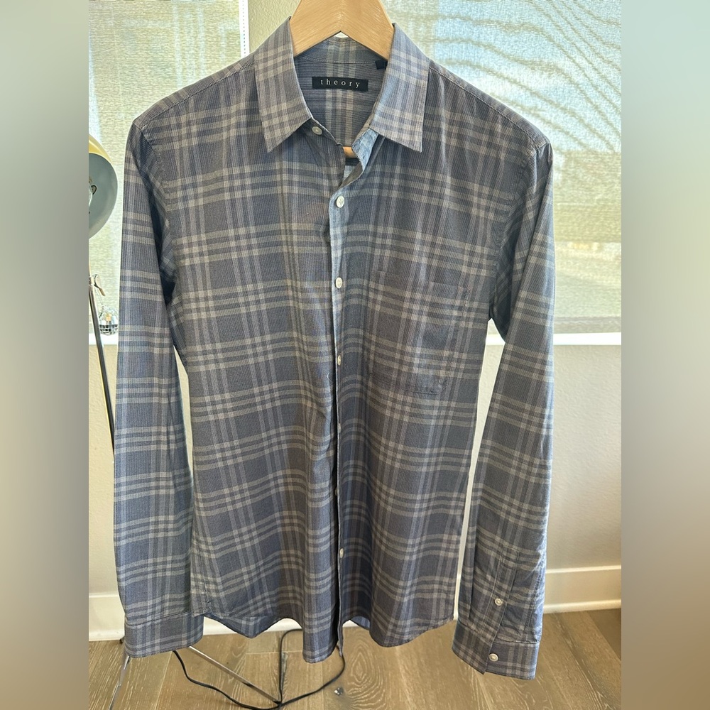 Theory Men's Gray Plaid Button Down Shirt